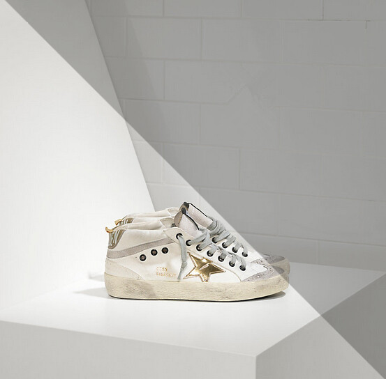 Golden Goose Mid Star Sneakers In Cotton Canvas With Leather Star White Military Gold
