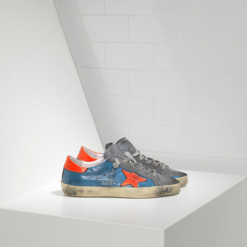 Golden Goose Sneakers Super Star In Pelle E Stella In Pelle Fluo Sky Red Fluo Star