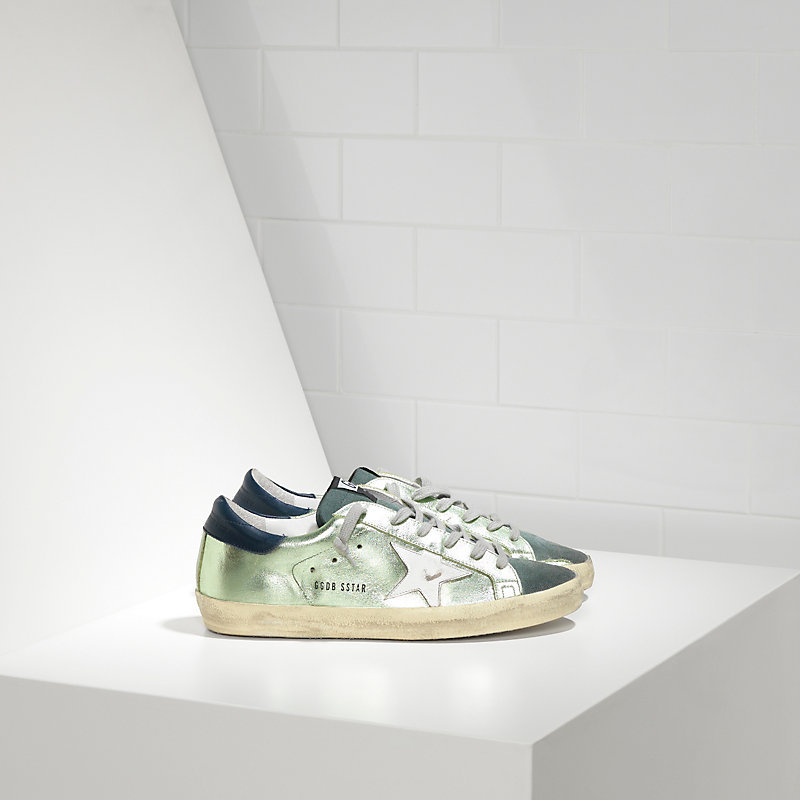 Golden Goose Sneakers Super Star In Pelle E Stella In Pelle Green Lame'white