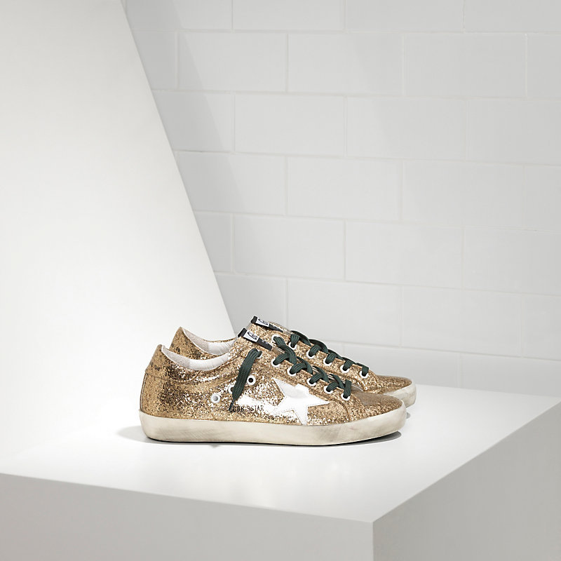 Golden Goose Sneakers Super Star In Pelle Glitterata E Stella In Pelle Gold Glitter Emerald