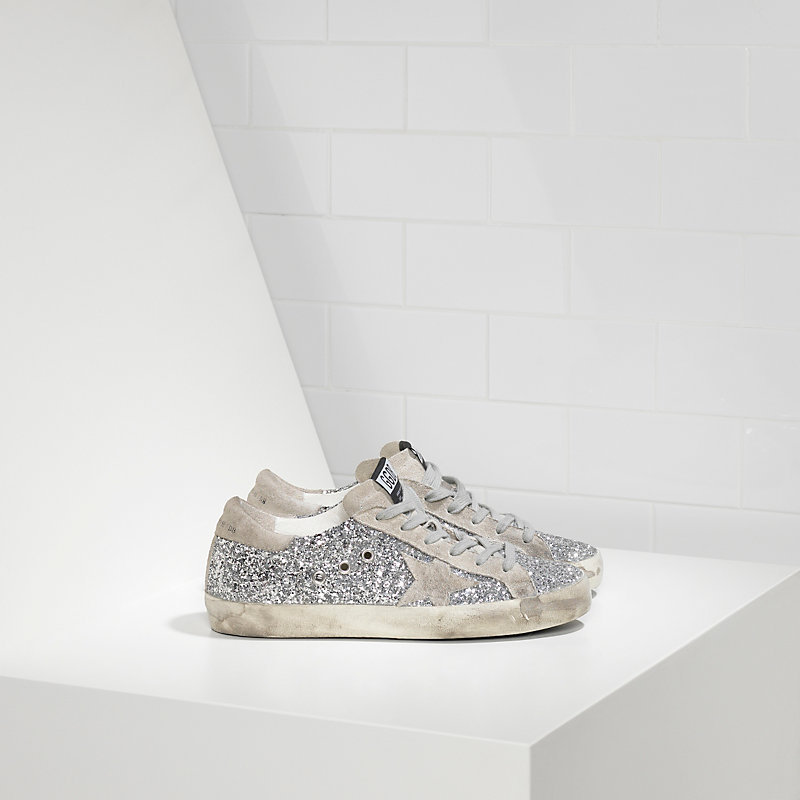 Golden Goose Sneakers Super Star In Pelle Spalmata All Over Glitter E Stella In Camoscio Silver Moon