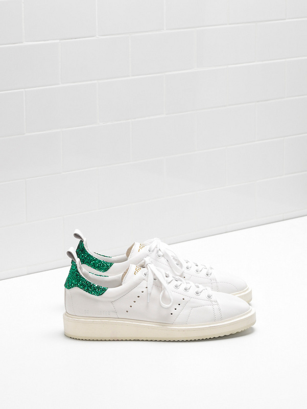 Golden Goose Starter Sneakers Upper In Natural Calf Leather Contrasting Coloured Glitter Coated Heel Tab