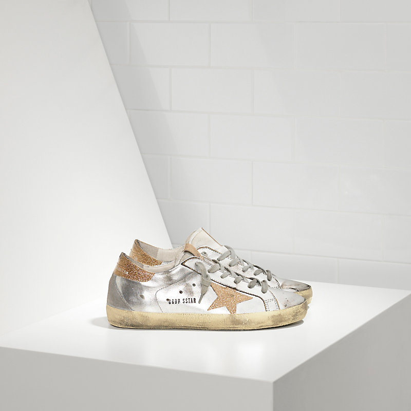 Golden Goose Super Star Sneakers In Leather With Leather Star Silver Gold