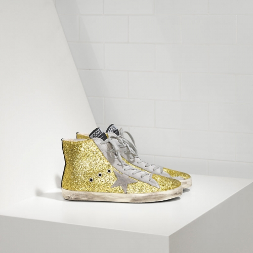 Golden Goose Sneakers Francy In Pelle Splamata All Over Glitter E Stella In Camoscio Lime Glitter