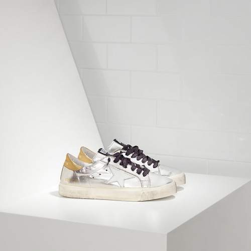 Golden Goose Sneakers May In Pelle E Stella In Pelle Silver Gold White St