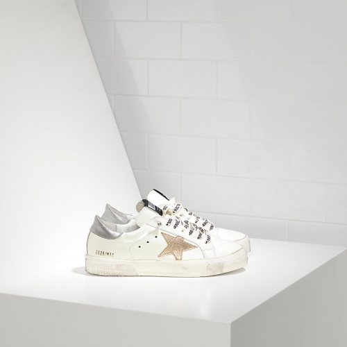 Golden Goose Sneakers May In Pelle E Stella In Pelle White Silver Gold