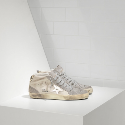 Golden Goose Sneakers Mid Star In Pelle E Stella In Pelle White Gold Star