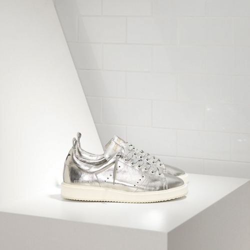 Golden Goose Sneakers Starter In Pelle Di Vitello Laminato Silver White Sole