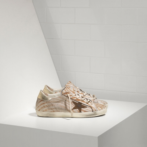 Golden Goose Sneakers Super Star In Pelle E Stella In Camoscio Gold Zebra