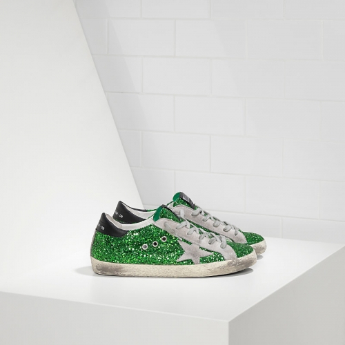 Golden Goose Sneakers Super Star In Pelle Spalmata All Over Glitter E Stella In Camoscio Emerald Green Glitte