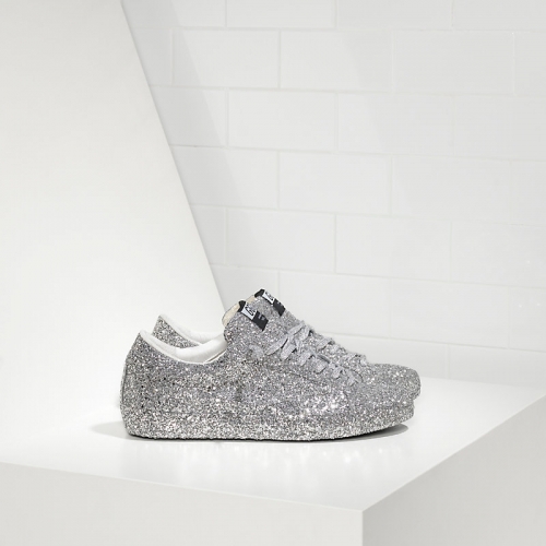 Golden Goose Sneakers Super Star In Pelle Spalmata All Over Glitter E Stella In Pelle Ricoperta Silver Glitter