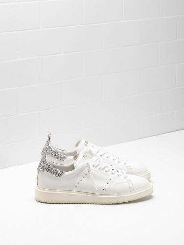 Golden Goose Starter Sneakers Upper In Natural Calf Leather Glittery Heel Tab In A Contrasting Colour